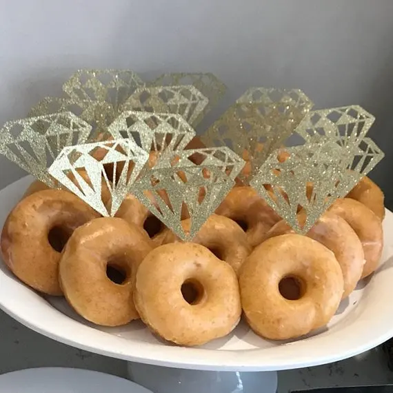 Topoox 50 Pack Gold Glitter Diamond Ring Donut Toppers Cupcake Picks for Bridal Shower Engagement Party Decorations 