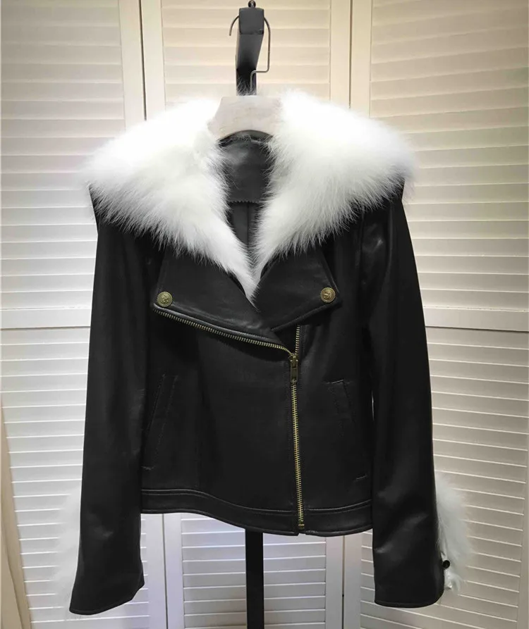 

New 2018 Fashion women Fur collar sheepskin leather jackets coat D848