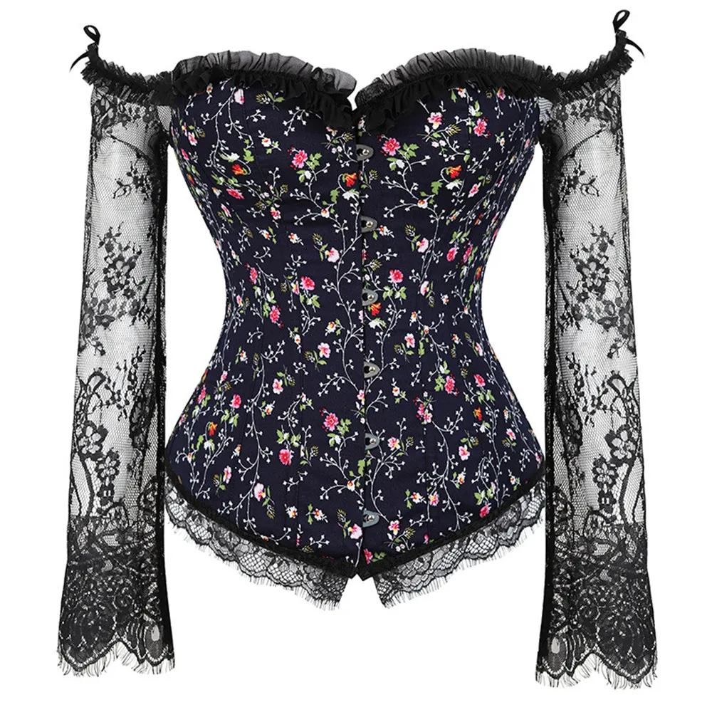 

Women Steampunk Corset Gothic Bustiers Long Sleeves Off Shoulder Sexy Corsets For Wedding Cosplay Show Waist Trainer Tops