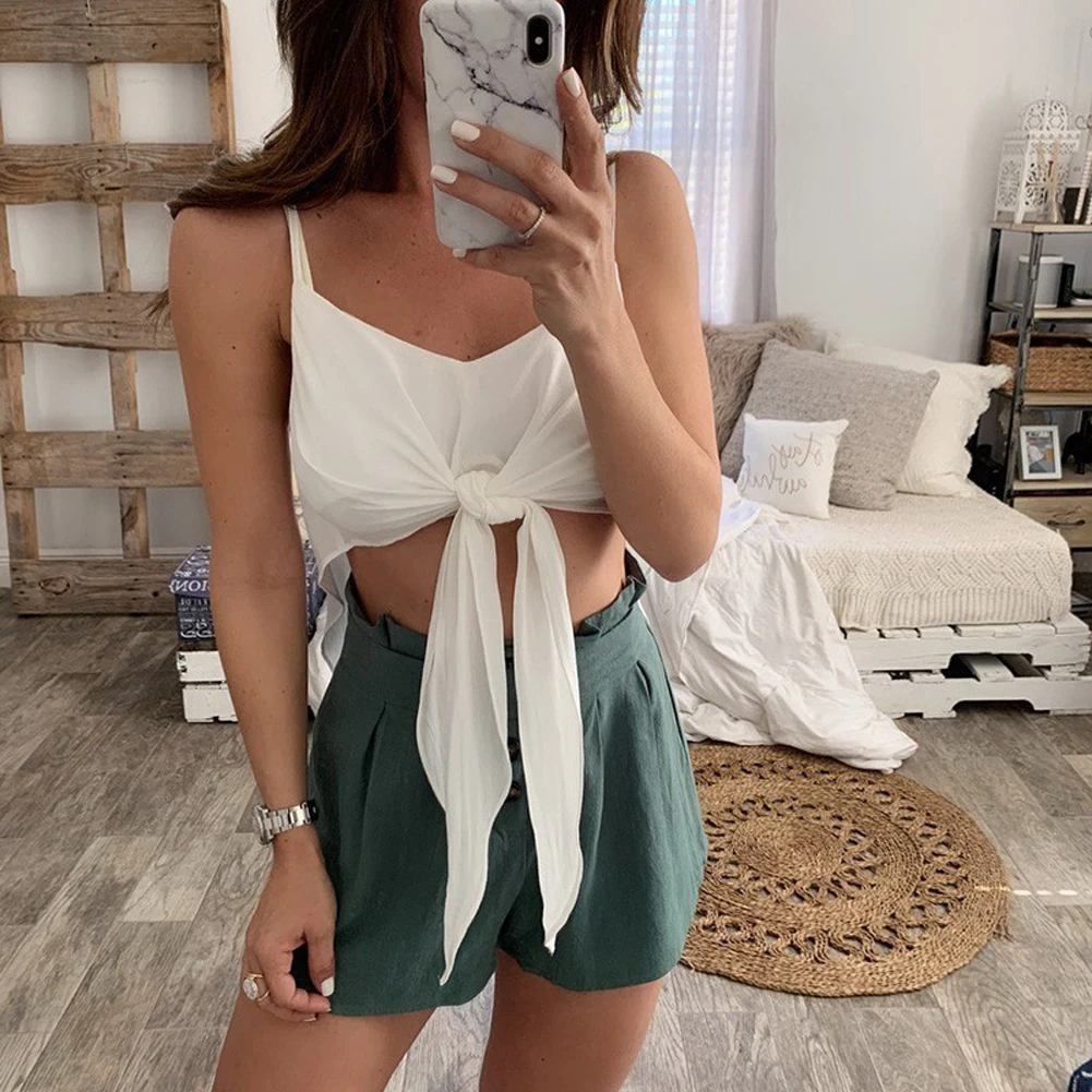 Модные майка для женщин дамы сплошной жилет Blusas бинты рукавов ремень летняя майка с бретелями Женский футболки