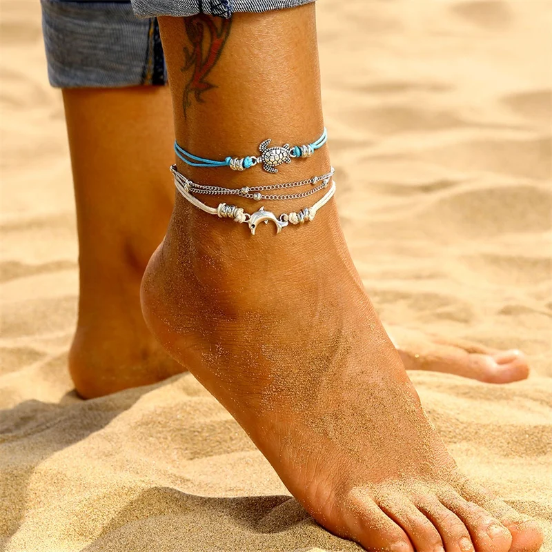 

KISSWIFE Vintage Turtle Dolphin Braided Anklet Multilayer Beads For Women Anklets 2019 Bohemian On The Leg Jewelry A Direct Sale