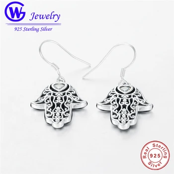 

Original 925 Sterling Silver White Evil Eye Hamsa Hand Dangle Earrings For Women with Clear CZ Crystal Earrings Jewelry Gift