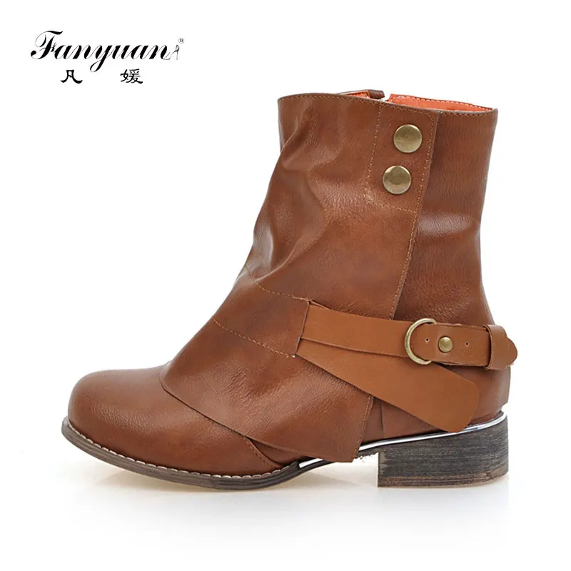

Fanyuan Women Shoes Winter Warm Boots Fashion Rivet belt buckle Motorcycle boots Solid Faux Suede Zipper Low heel Ankle Boots