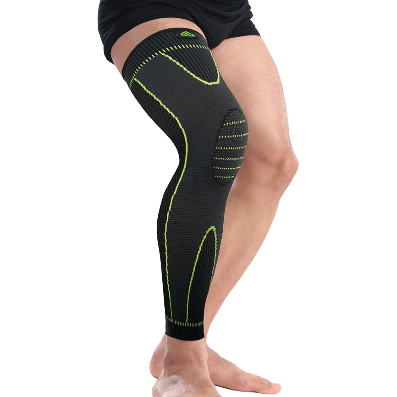 Hot elastic yellow green stripe sports lengthen knee pad leg sleeve non slip bandage compression leg warmer for men and women