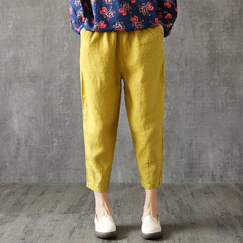 Women Casual Loose Solid Color Cotton Baggy Trousers Plus Size Spring Summer Harem Pants in