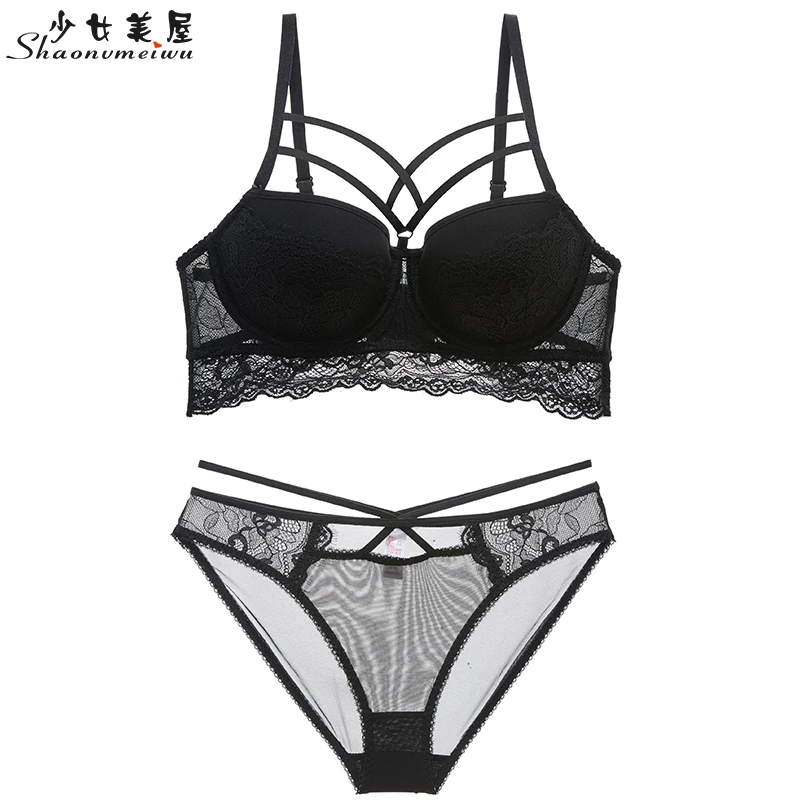 

shaonvmeiwu Sexy temptation lingerie women set lace gathered adjustment on the thin under thick bra dark green summer