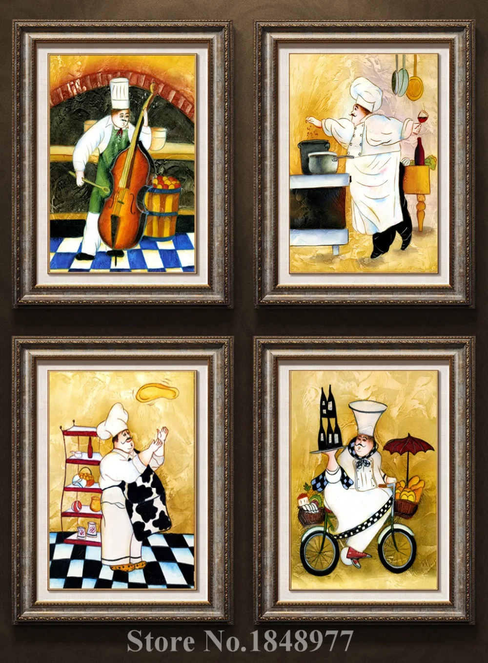 4 Panels Modern Wall Art Cartoon Happy Chef Oil Painting On Canvas Home