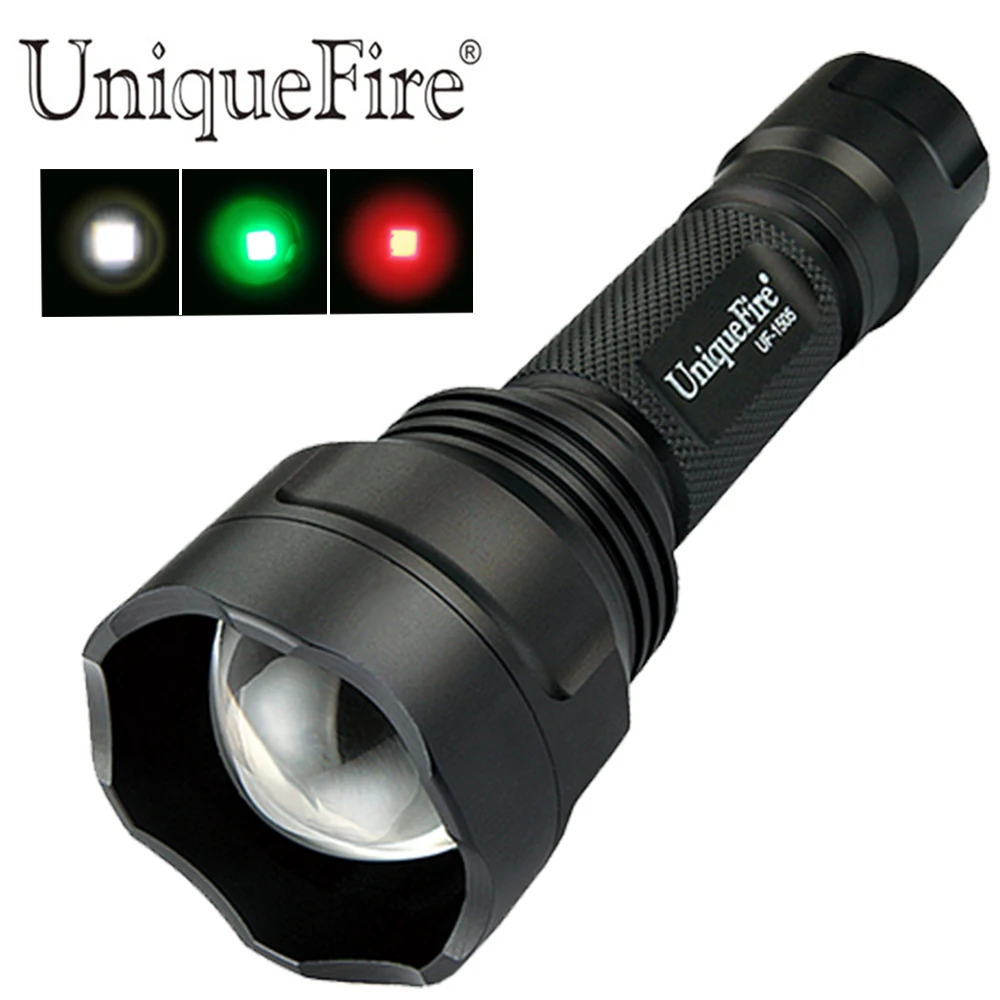 UniqueFire 1505 черный Фокус Zoom Факел зеленый/красный/белый свет походный фонарик езда