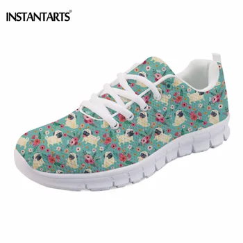 

INSTANTARTS Lovely Flower Pug Dog 3D Printing Women Flat Shoes Leisure Breathable Mesh Sneakers for Girls Ladies Students Flats