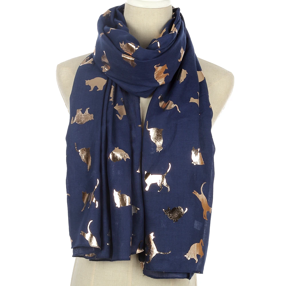 

FOXMOTHER 2018 New Spring Summer Lovely Design Black White Navy Grey Foil Gold Glitter Cat Scarfs Women Girls Gifts