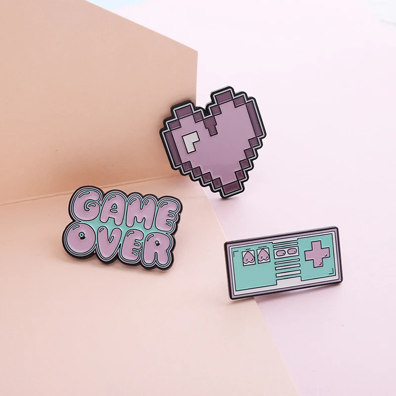 

childhood Gamepad Pixel Love heart GAME OVER Badges Brooches Denim Enamel lapel pins festival Gifts for kids Jewelry wholesale