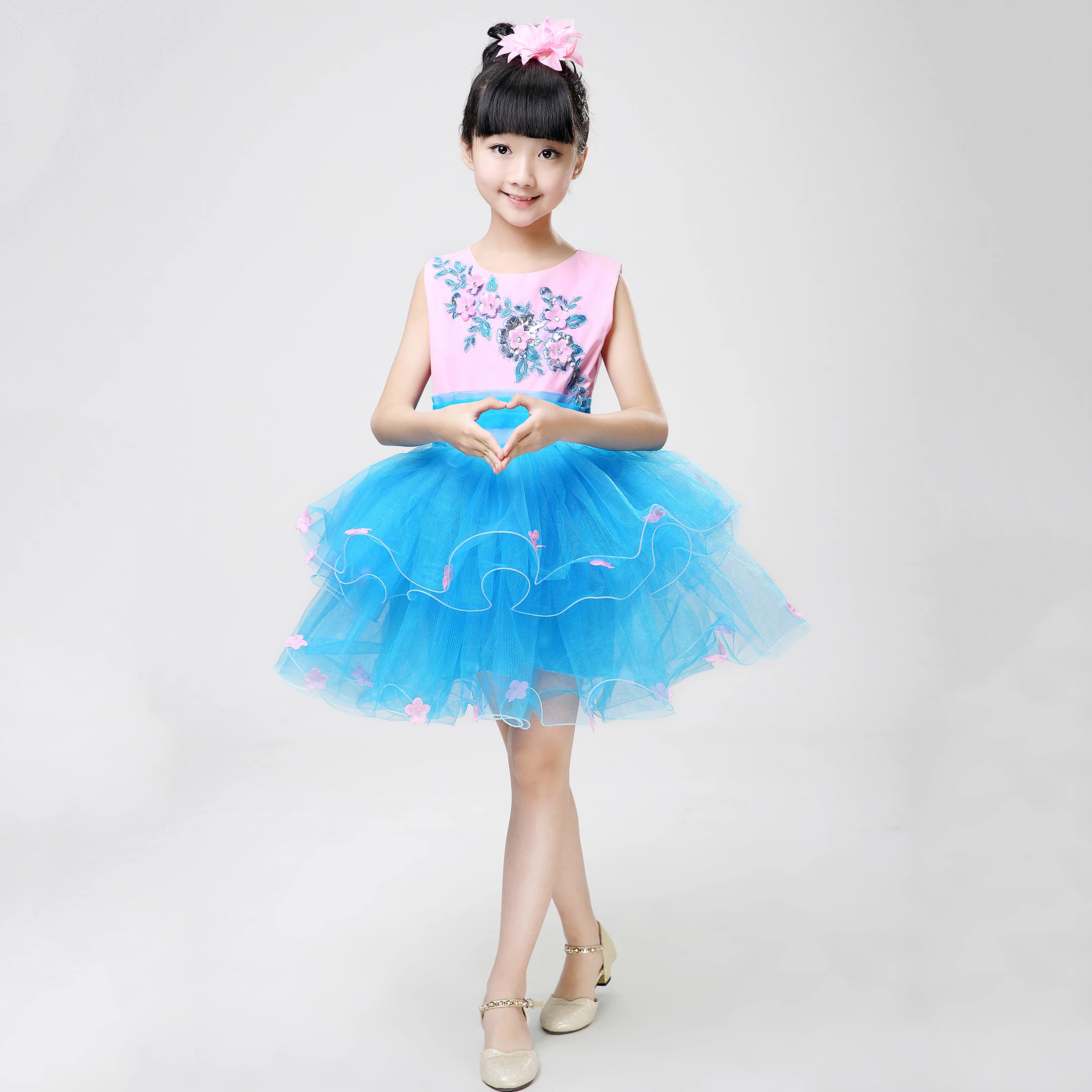 

Children's Clothing Girls 3 4 5 6 7 8 9 10 11 12 13 Years Sleeveless Flower Applique Sky Blue Kids Dance Tutu Dresses for Girls