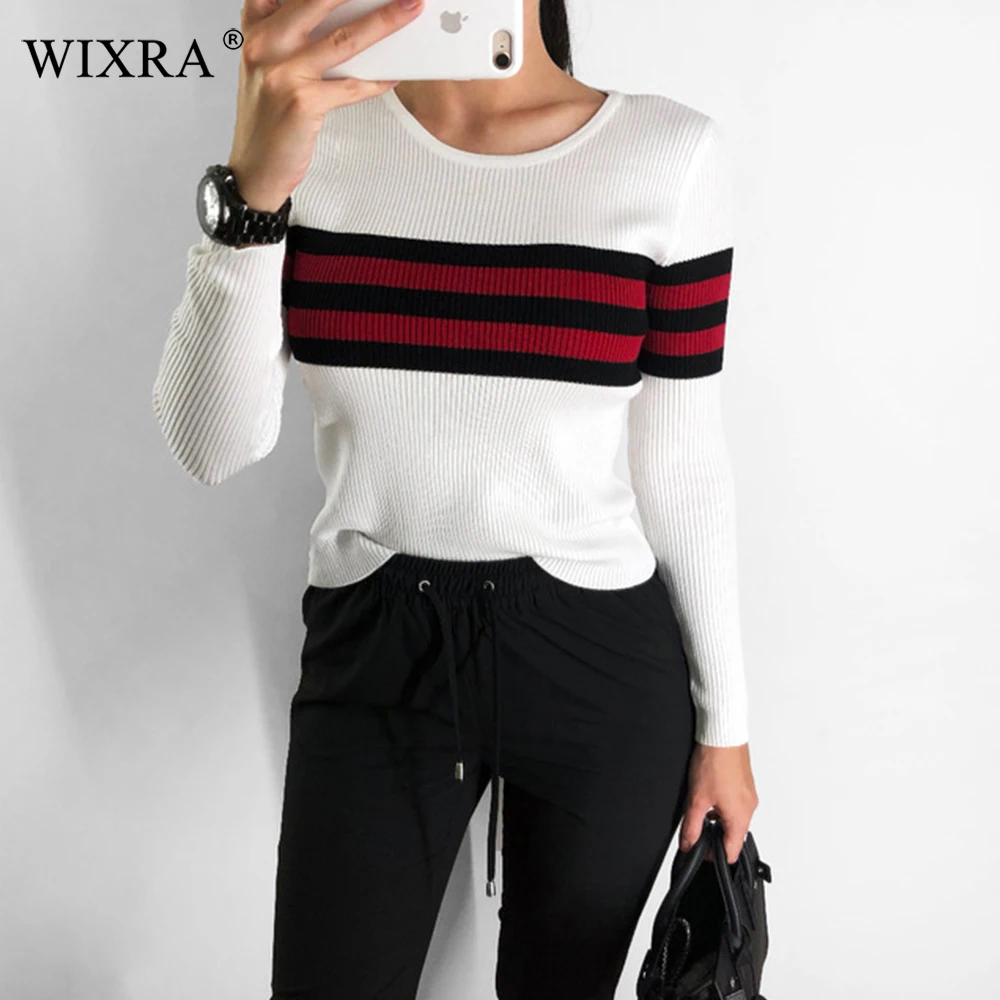 

Wixra 2018 Pullovers Sweaters Slim O Neck Striped Sweater All Base Match Knitted Women's Clothing Autumn Winter New
