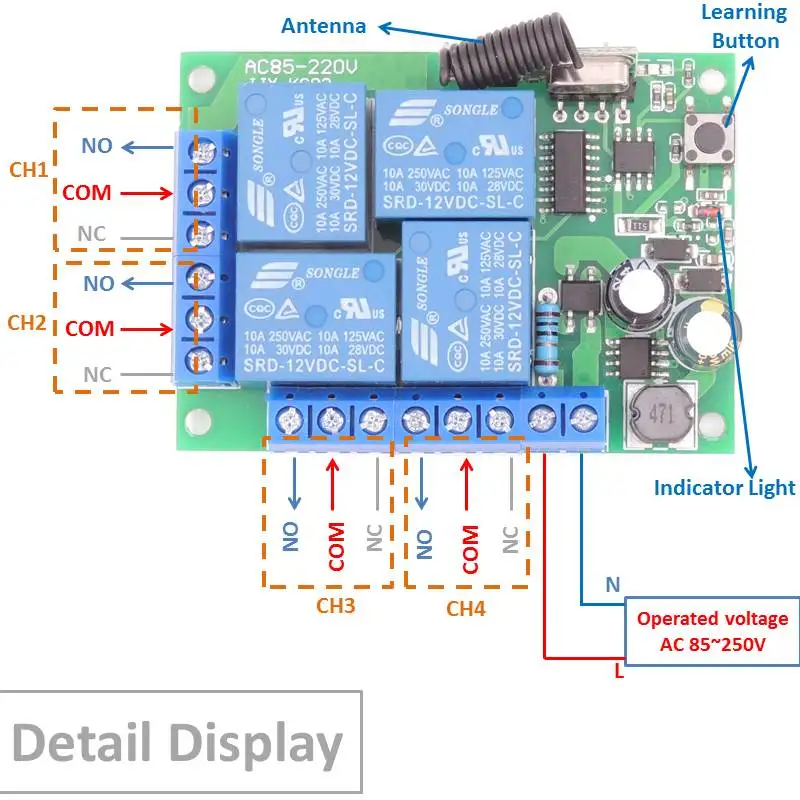 Пульт дистанционного управления 433 МГц 85~ 250 В 4CH РЧ реле приемника и передатчика для дистанционного управления гаражом и выключатель электрических штор