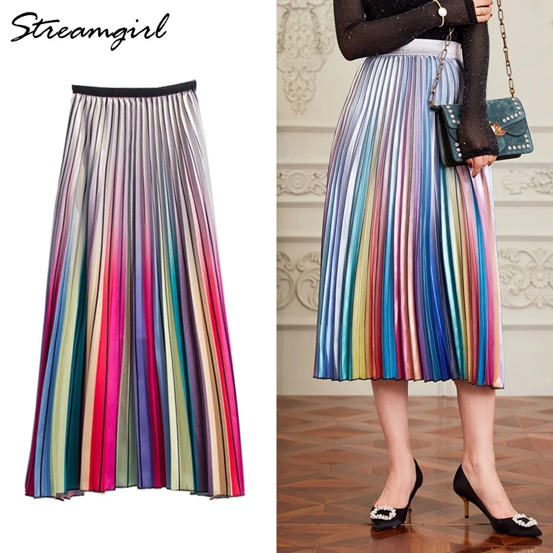 

Streamgirl Pleated Skirt Long Summer Women A-line Rainbow Satin Skirt Pleated Woman High Waisted Skirts Womens For Women 2019