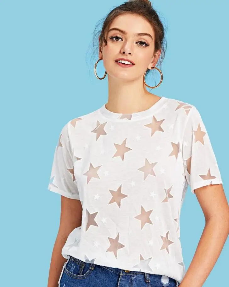 

2019 spring and summer new hot fashion perspective five-pointed star breathable ladies short-sleeved T-shirt hook flower a005