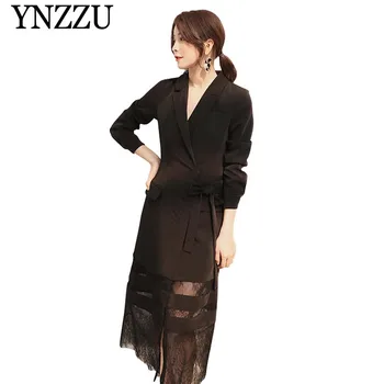 

Elegant Lace Patchwork Blazer Dress Women 2019 New Long Style Sashes Black Slim Dresses Office Lady Work Wear Dress Suit AO825
