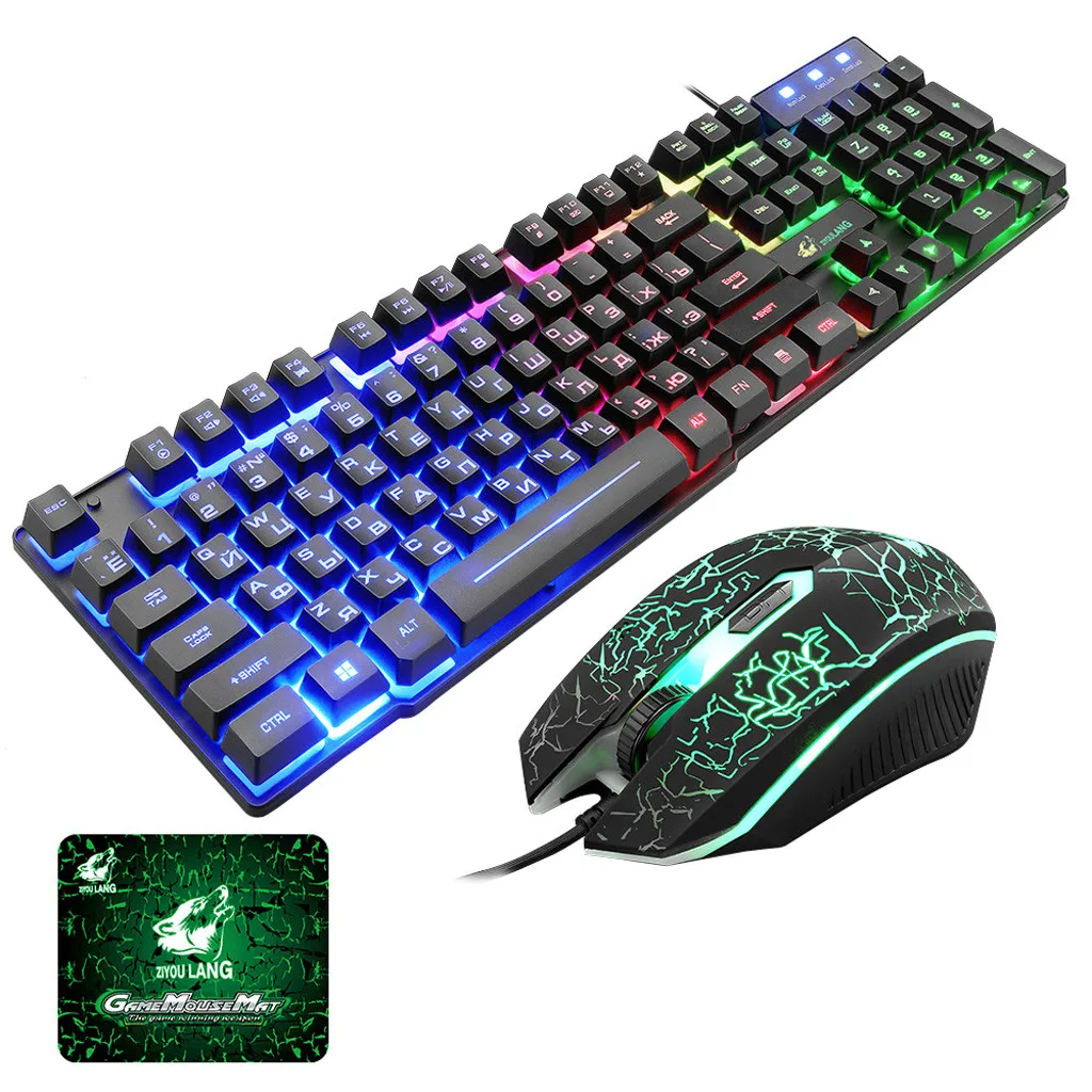 

T5 Rainbow Backlight Usb keyboard+mouse Set Ergonomic Gaming English Russian Keyboard And Mouse Set for PC Laptop gamer#G4