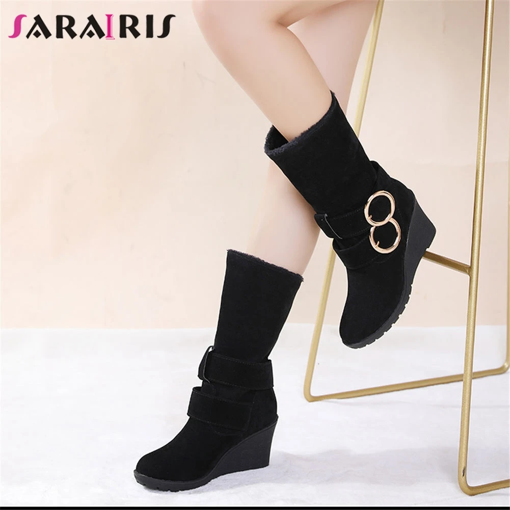 

SARAIRIS Snow Boots For Women Winter Warm Add Thick Fur Wedges Shoes Slip On Ladies Round Toe Mid Calf Boots Size 34-43