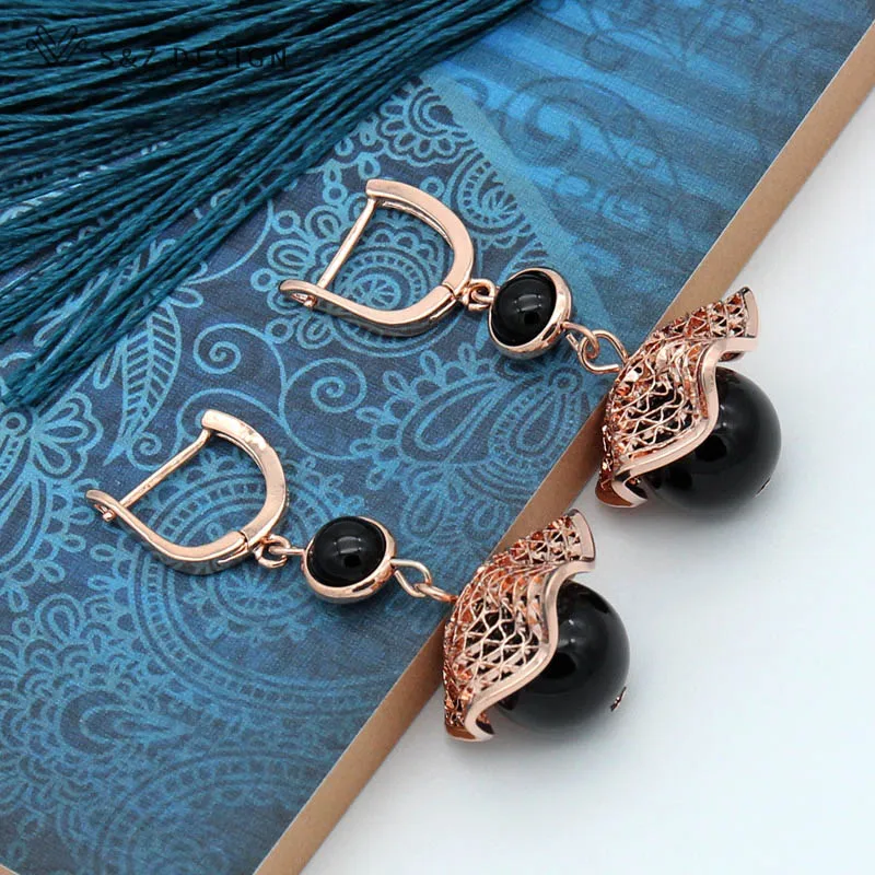 S&Z DESIGN New Blue Black Onyx Agates Round Natural Stone Dangle Earrings For Women 585 Rose Gold Color Jewelry Gift