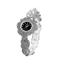 Women Leaves Style Pave Marcasite Thai 925 Sterling Silver Wrist Watches Real Pure Silver Bracelet Watches Real Silver Bangle