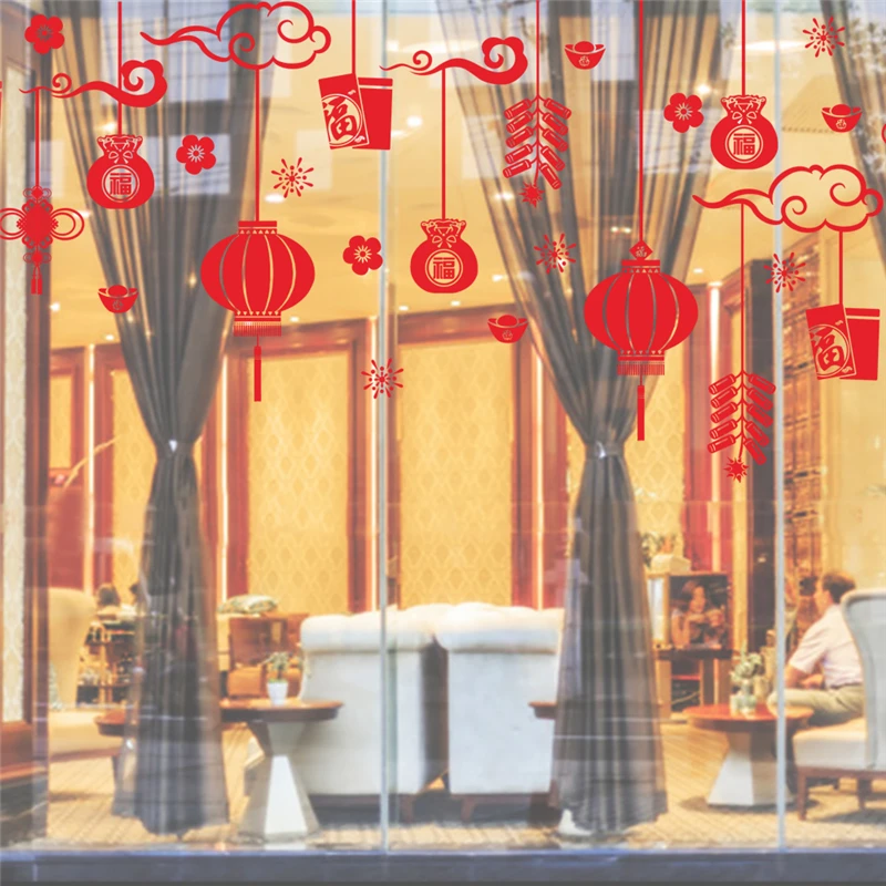 Chinese Spring Festival Fireworks Lantern Wall Stickers Home Decor Shop