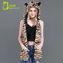 Капюшон с тигром Милая шапка из искусственного меха женская зимняя шапка для животного из искусственного меха милые шапки с героями мультфильмов глушитель