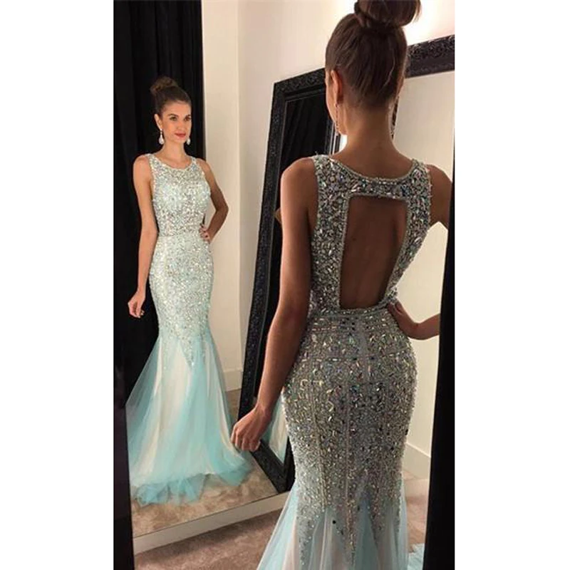 Amazing Full Crystal Beaded Mermaid Evening Dress Long Mint Green Sleeveless Vestido de festa Sexy Backless Shiny Prom Dresses