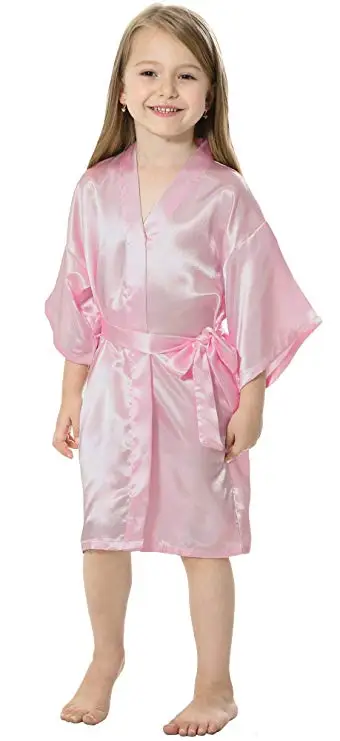 Kids Solid Satin Rayon Kimono Robe Bridesmaid Solid Bathrobe Children Nightgown Sleepwear Dressing Gow