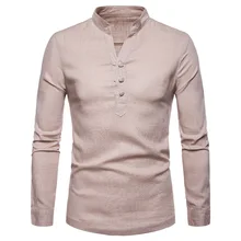 Модные Для мужчин льняная рубашка воротник-стойка воздухопроницаемая комфортная обувь Традиционный китайский Стиль Хенли Для мужчин повседневная рубашка