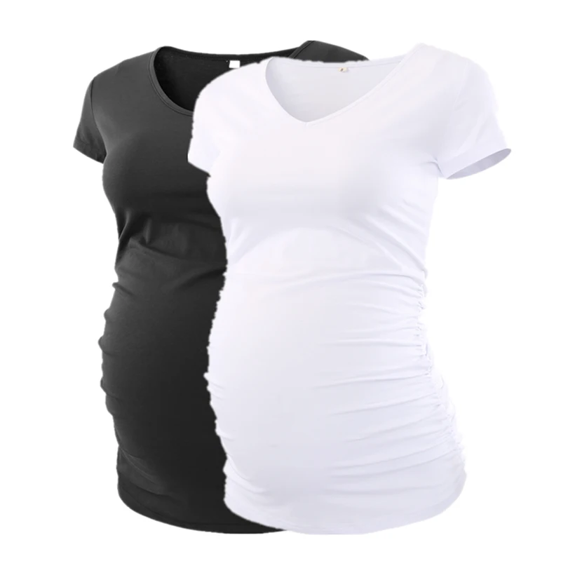 Летняя одежда для беременных и матерей после родов, Классическая футболка с рюшами сбоку, топы для беременных, Одежда для беременных с v-образным вырезом, лето, Топ