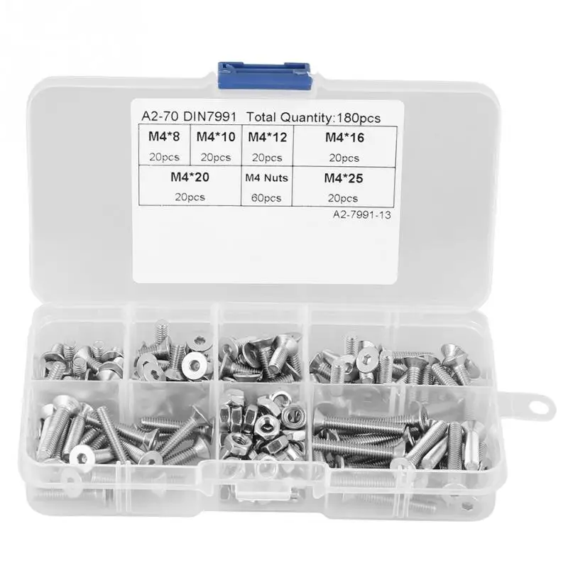 

180Pcs/Lot M4 304 Stainless Steel Flat Head Bolt Screws Nuts Assortment Kit with Box Hex Socket Bolts and Nuts kit High Quality