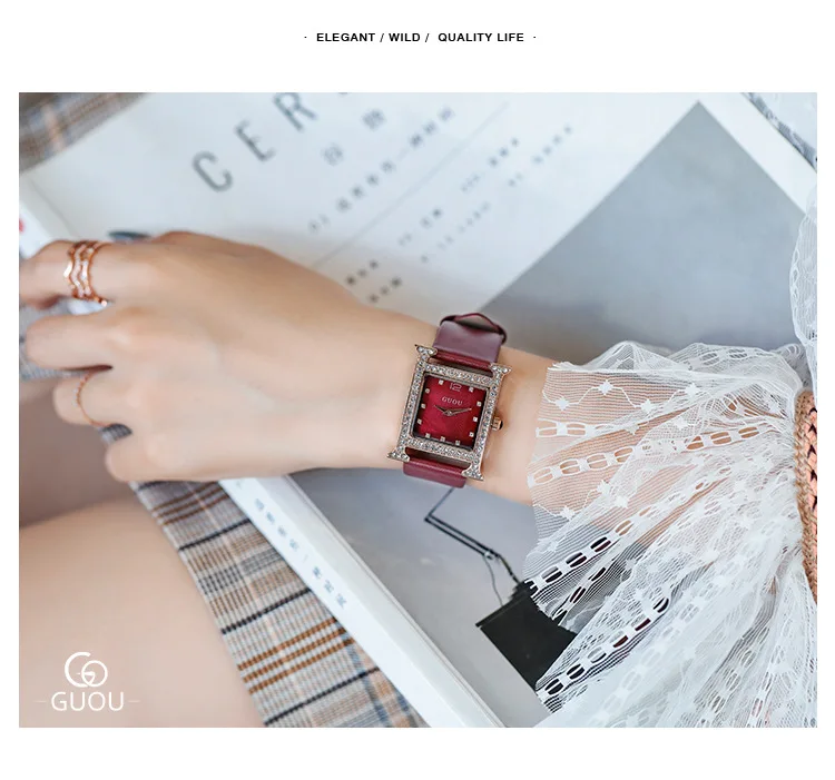 Лидирующий бренд горный хрусталь кристалл кварцевые женские часы женские с кристаллами квадратные повседневные часы роскошные женские часы horloges vrouwen - Цвет: Красный