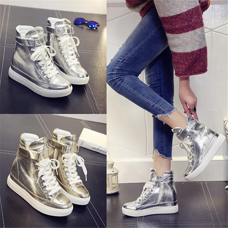 Women Ankle Boots Spring Autumn New High-top Sneakers Women's Shoes Korean Casual Height Increasing Women Platform Shoes Gold (7)