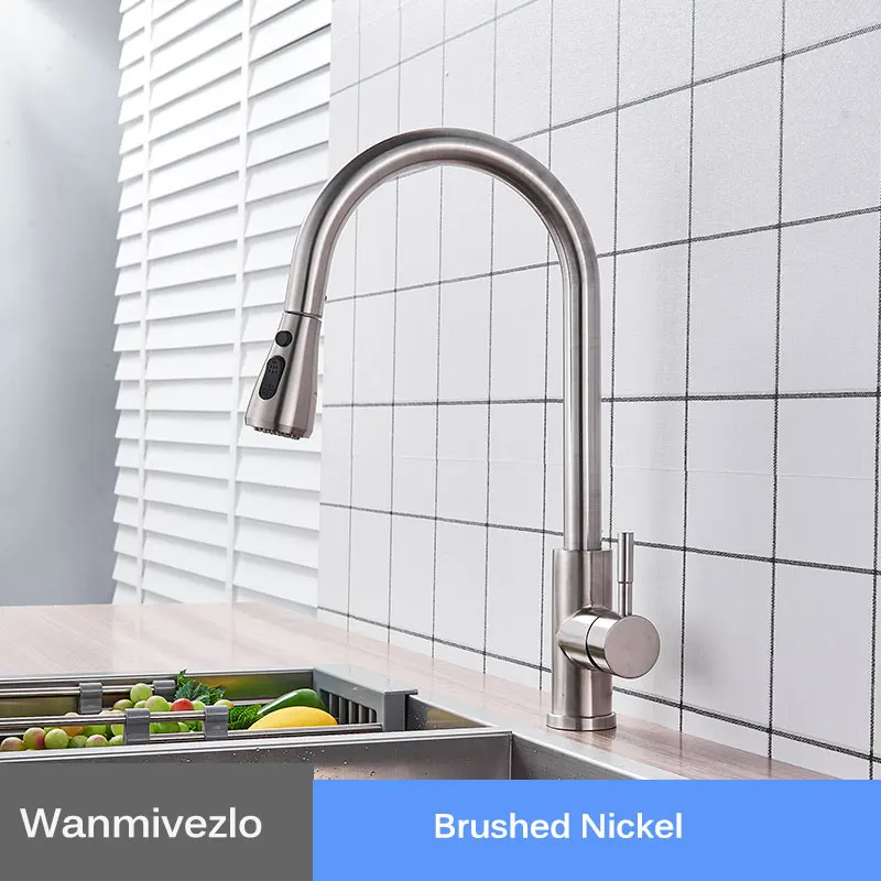 Матовый золотой выдвижной кухонный кран 360 Вращение Кухонный Смеситель Однорычажный Смеситель кран для кухни Раковина холодная горячая вода кран - Цвет: Brushed Nickel