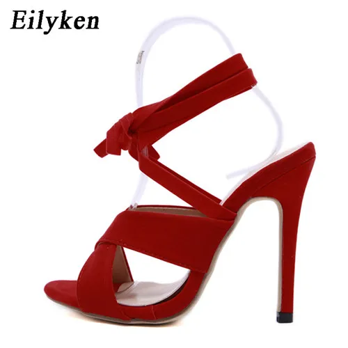 Eilyken/ г. Новые высококачественные женские сандалии-гладиаторы летние женские вечерние босоножки на высоком каблуке-шпильке, с открытым носком, на шнуровке - Цвет: Red