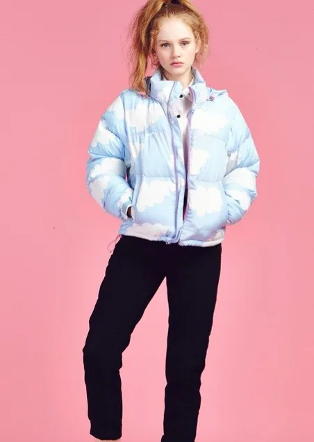Милое Женское зимнее пальто с белыми облаками и голубым небом, теплая стильная куртка, утепленная хлопковая подкладка, хорошее качество