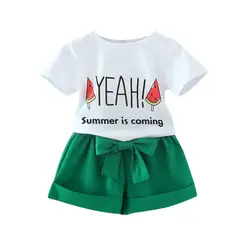 Повседневная летняя футболка с короткими рукавами и буквенным принтом для маленьких девочек + шорты с бантом костюм из 2 предметов