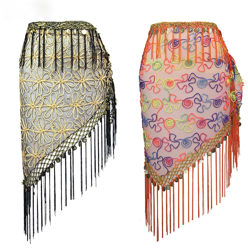 Женские аксессуары для танцевальной одежды, сетчатые пайетки с бахромой, треуголный набедренный шарф, монетные ремни