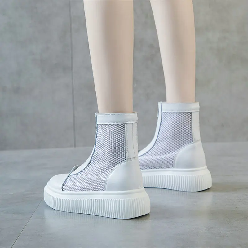 

2019 Summer new leather Martin short boots flat locomotive hollow mesh sports shoes perspective mesh women running shoes ZD-245