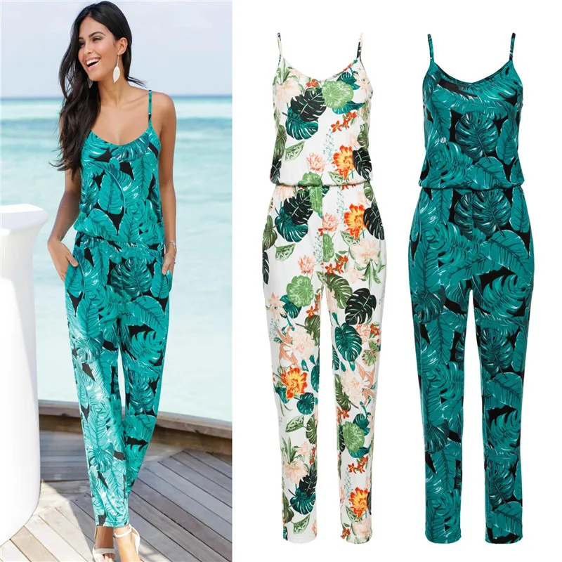 Women's Beach Leisure V-neck Sling Print Siamese Pants Jumpsuits | Женская одежда