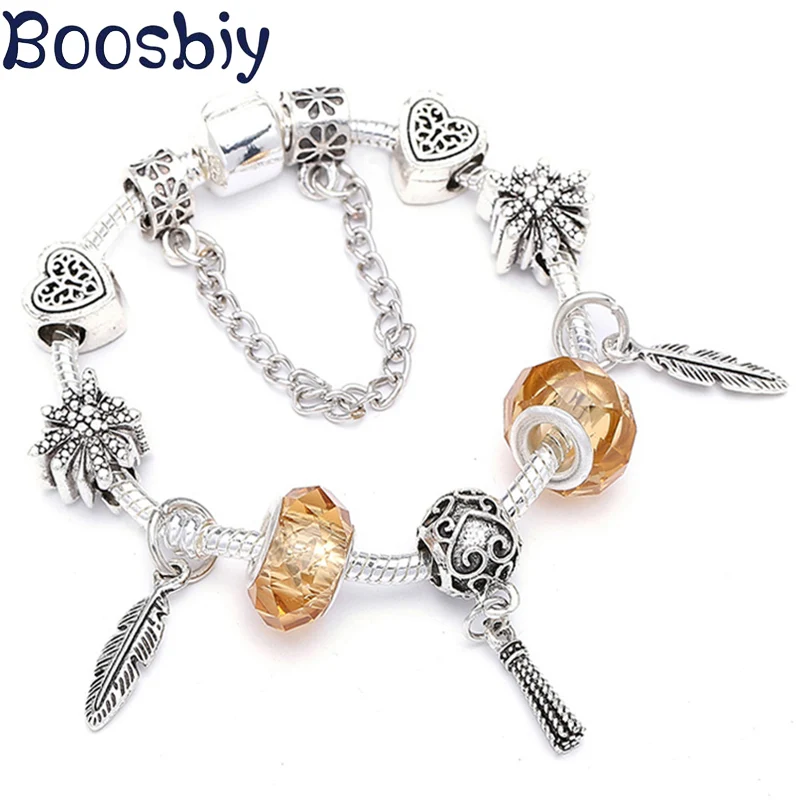 

Boosbiy Dropshipping DIY Charm Bracelet European Style Feather Pendant Beads Pandora Bracelet for Women Romantic Jewelry Gift