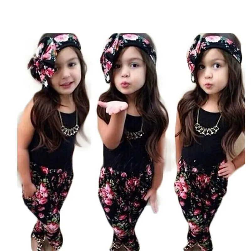 

Girls Fashion Floral Casual Suit Children Clothing Set Sleeveless Outfit +headband 2017 Summer New Kids Clothes Set