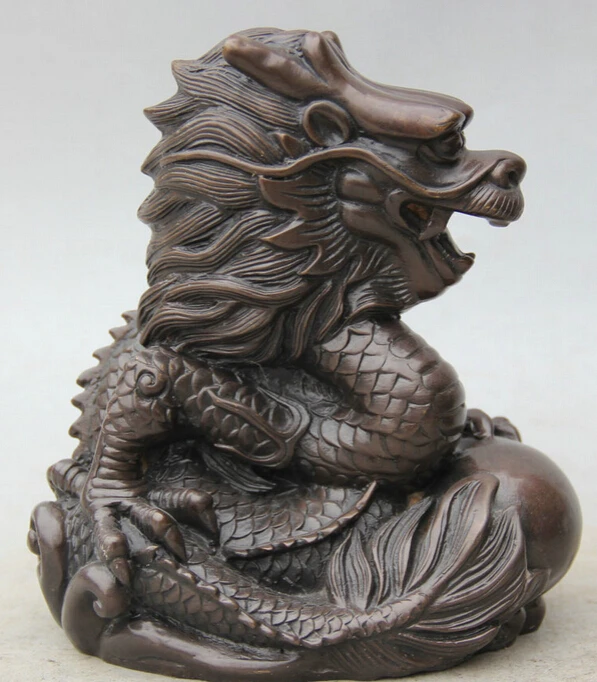 

7" Chinese Folk Bronze Dragon Play Bead Successful Zodiac Year Statue Sculpture S0706