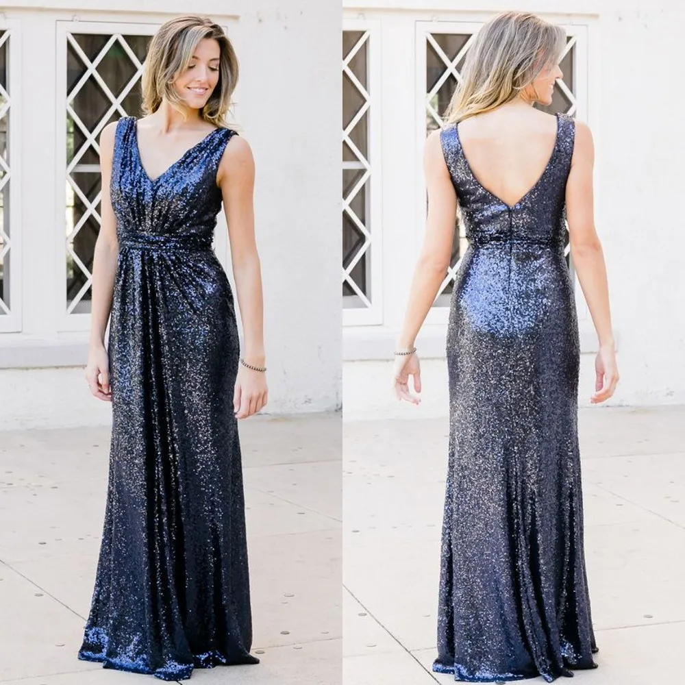 

Bling Navy Blue Sequins Evening Dress V Neck Sleeveless Floor Length Long Prom Gowns 2019 Custom Made Cheap Party Dresses