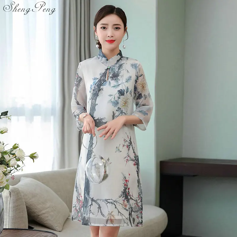 Лето ретро Китайский традиционный qipao Женская шифоновый Чонсам женский кран печати Улучшенный чёнсам платье Q735