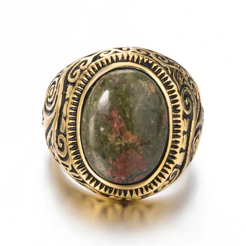 Мужское женское натуральное овальное бирюзовое кольцо из нержавеющей стали с черным ониксом ювелирных изделий размера плюс 8-15 - Цвет основного камня: Gold Green stone