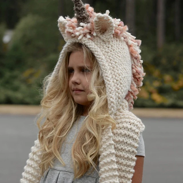 Шапка-единорог с шарфом, детский шарф-единорог, шапка 2 в 1 для девочек, детские теплые вязаные шапки, зимняя шапочка, детские шерстяные вязаные шапки