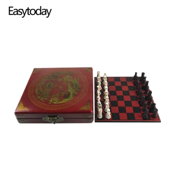 

Easytoday Traditional Chess Wooden Games Set Synthetic Wood Chess Board Antique Resin Chess Pieces High Quality Game Gift