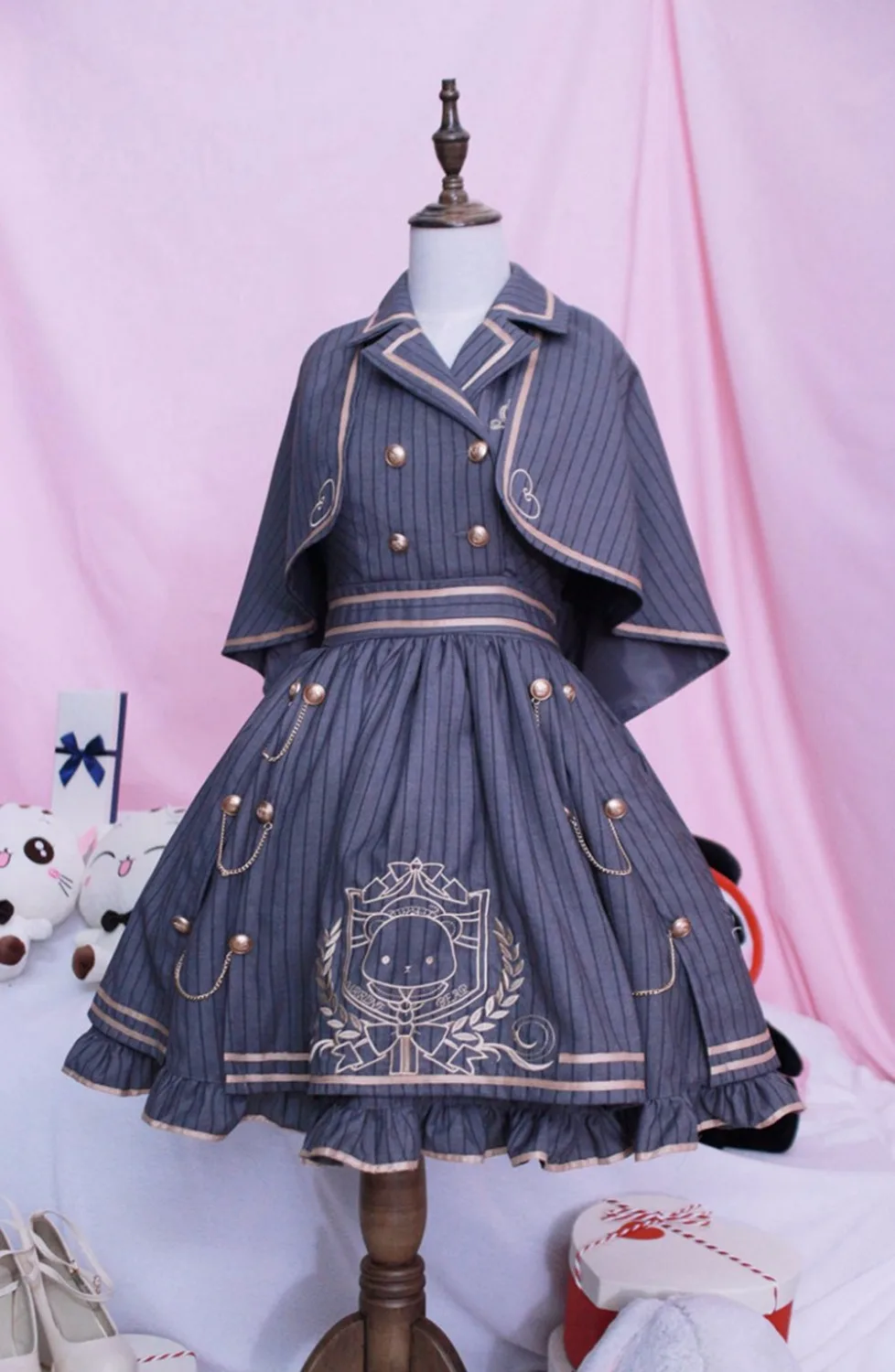 

Lolita Uniform Dress Girls Royal Style Preppy School Burgundy Gray Striped Vest Dress with Mini Cape Suit